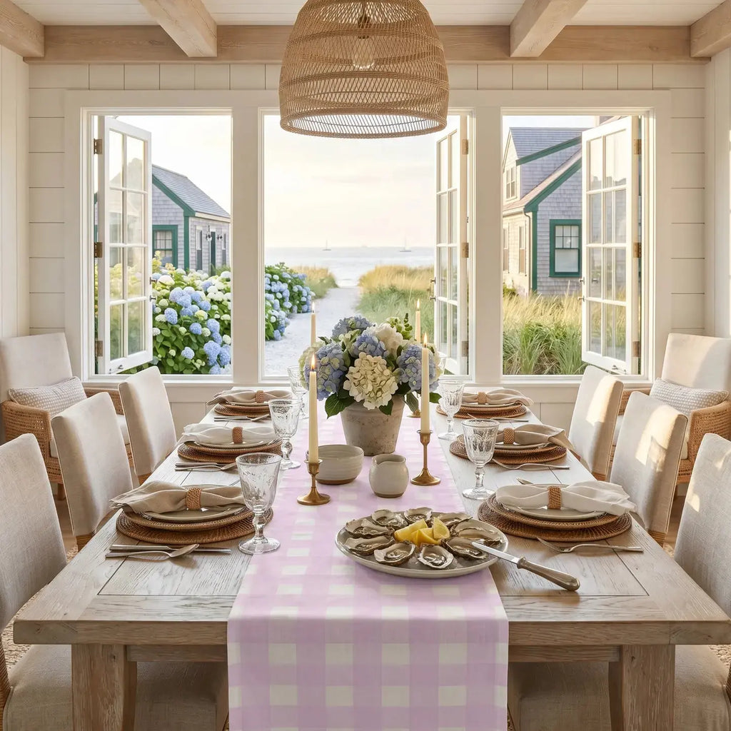 Pink gingham check table runner styled with white plates and simple glassware