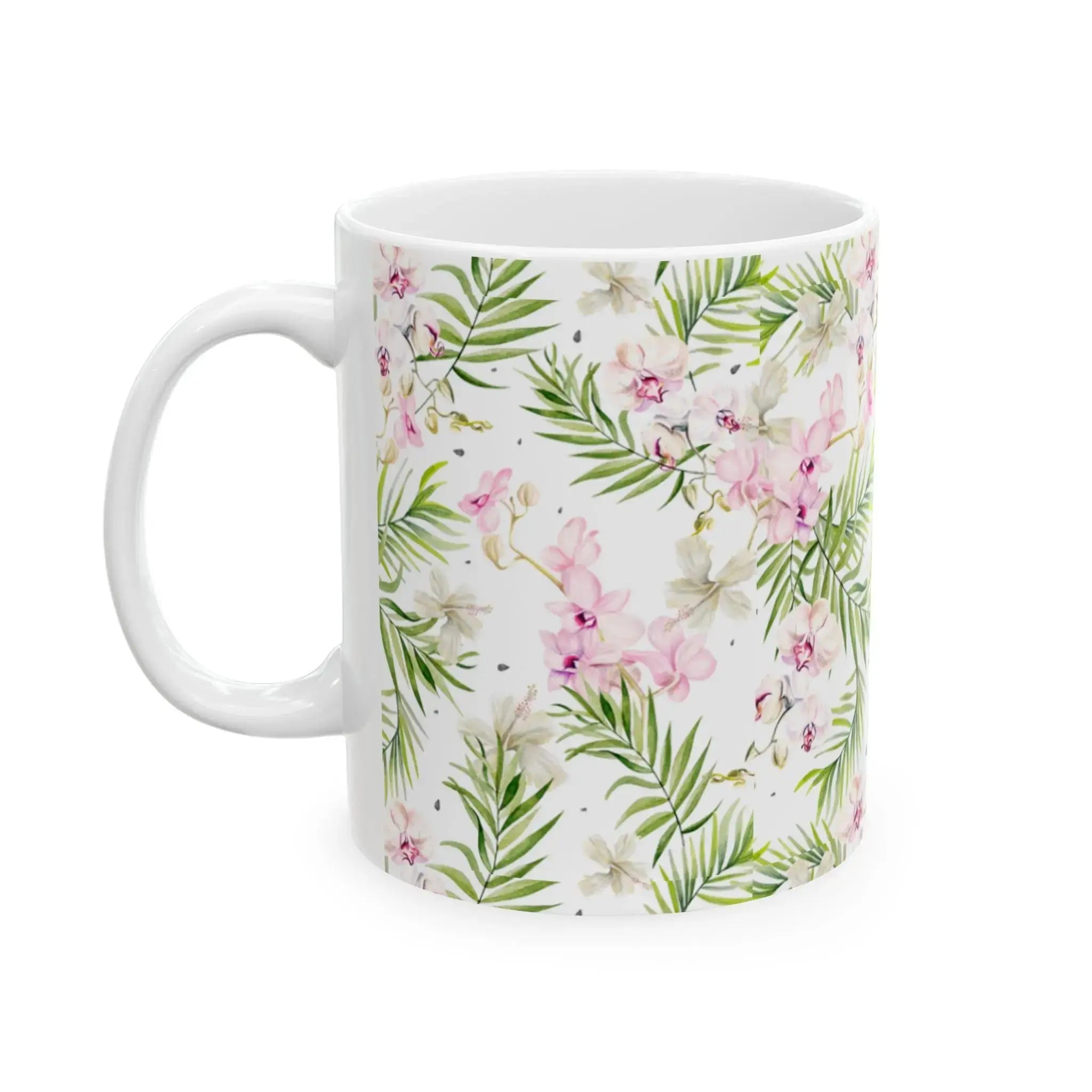 Pink and green tropical coffee mug with palm leaf pattern