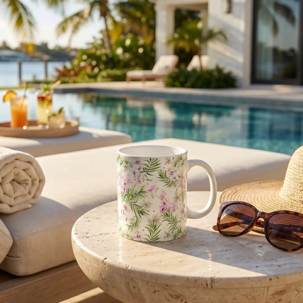 Closeup of pink and green tropical leaf design on coffee mug