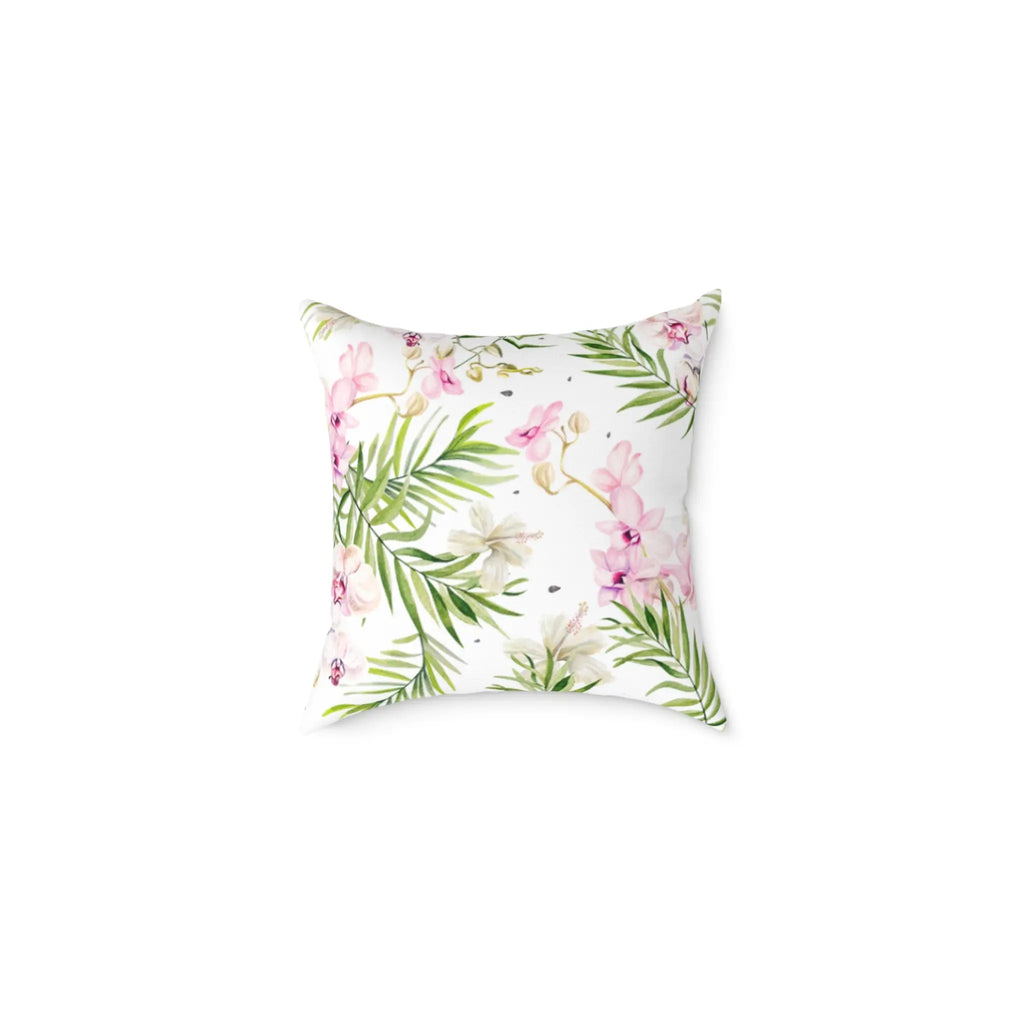 Closeup of pink and green tropical palm pattern on decorative throw pillow.