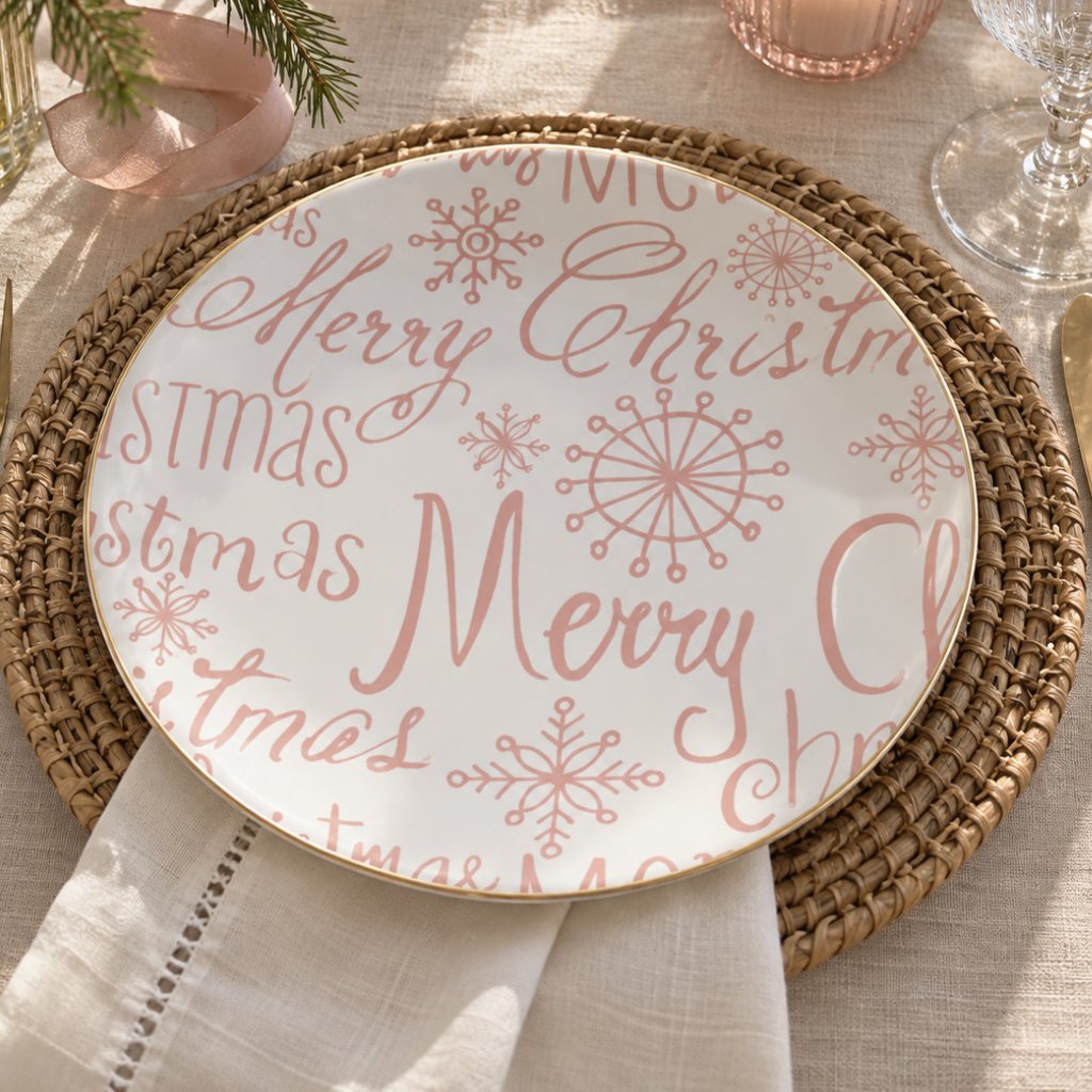 Pink and white Merry Christmas stoneware plate with decorative holiday lettering and a gold-colored rim.
