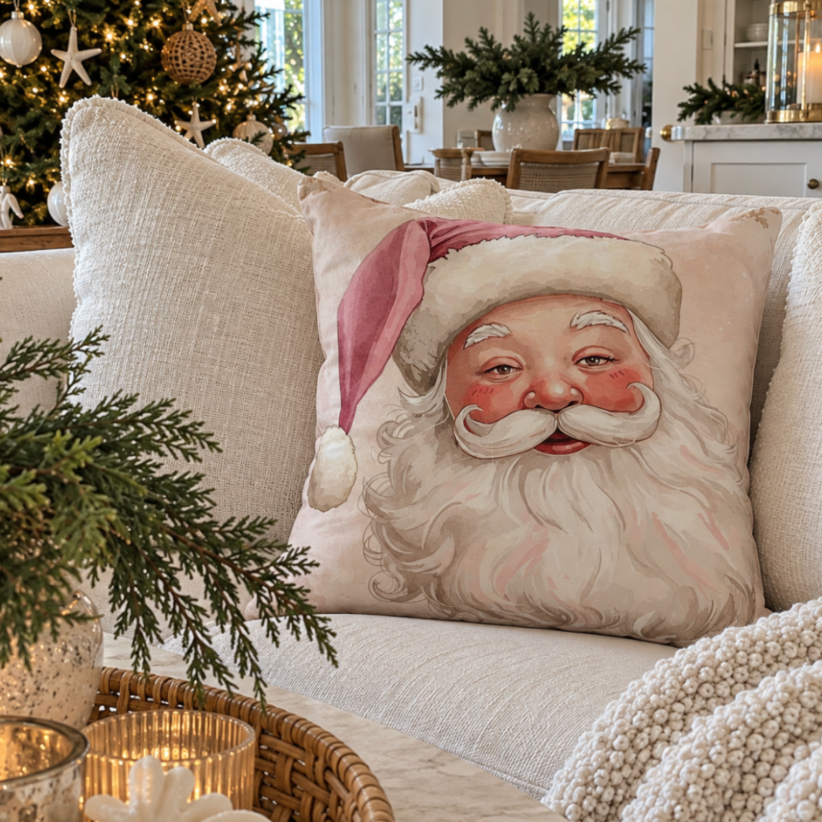 Pink Santa Christmas throw pillow for playful and elegant holiday home decor.