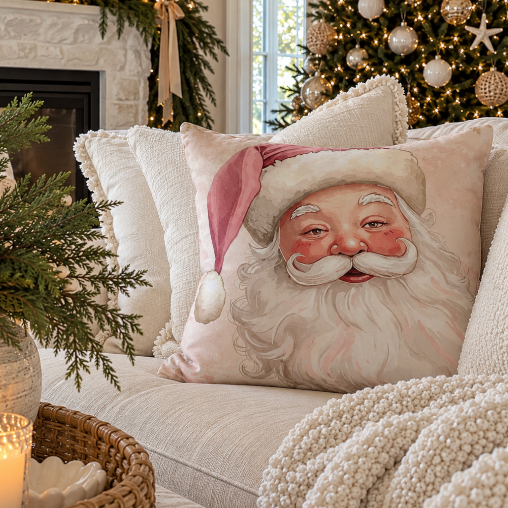Pink Santa Claus decorative pillow for a festive Christmas living room.