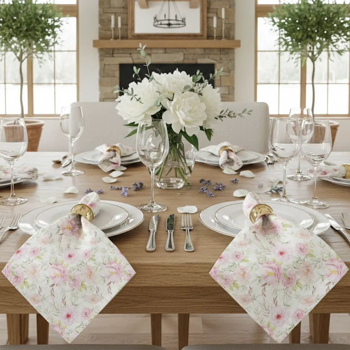 Rosecliff Floral Linen Napkins — Set of 4 with watercolor blush pink roses for spring table.