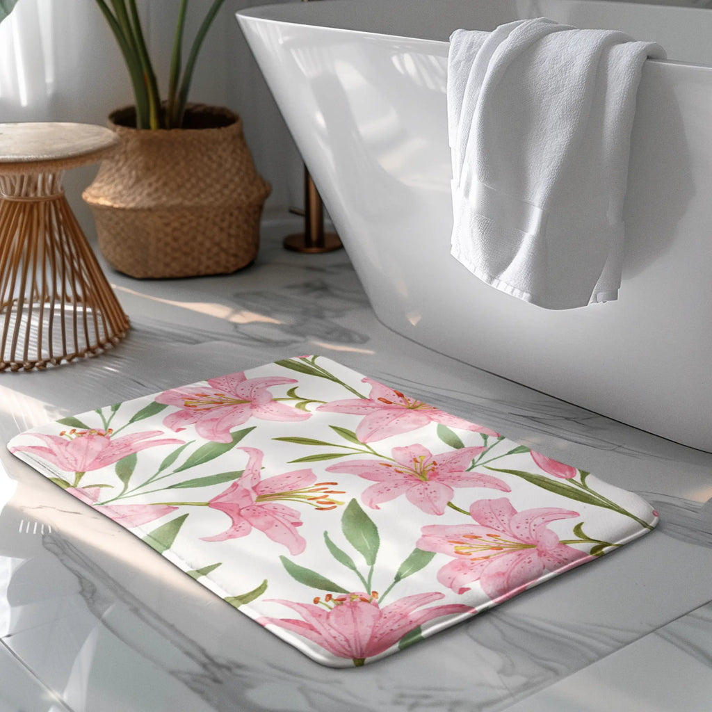 Pink Floral Memory Foam Bath Mat Printify