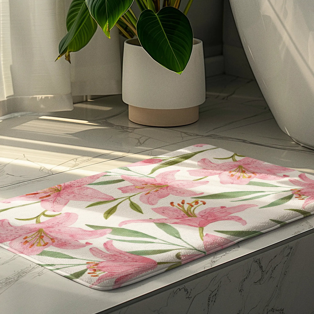 Pink Floral Memory Foam Bath Mat Printify