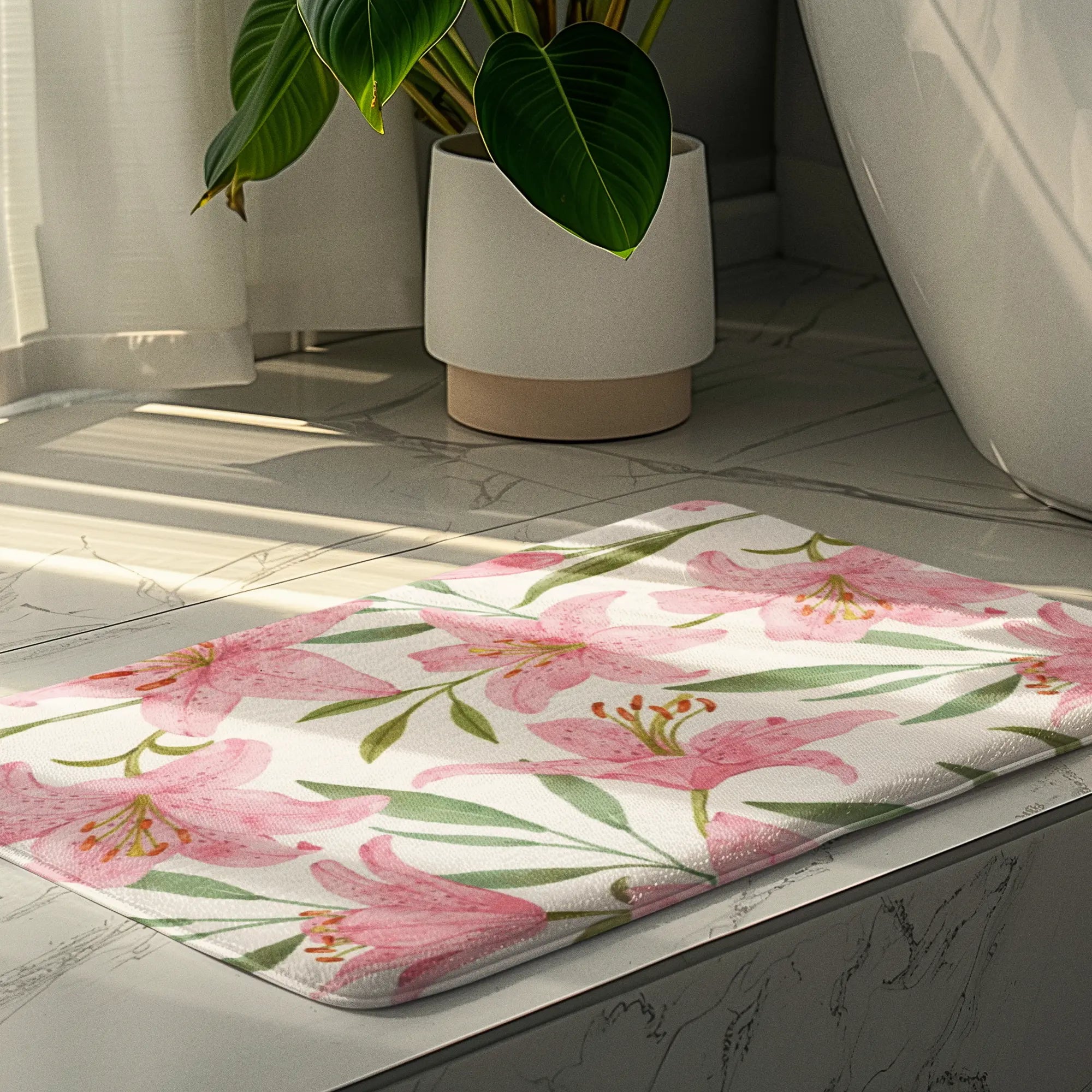 Pink Floral Memory Foam Bath Mat Printify