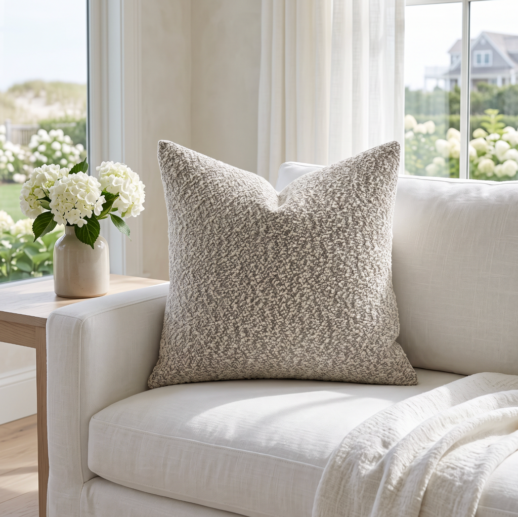 Brown chenille bouclé decorative pillow with a soft, nubby surface and supportive poly insert.