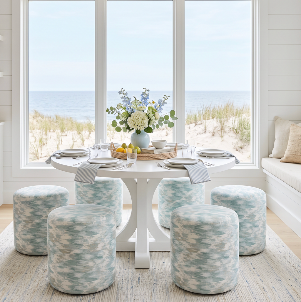 Soft aqua abstract print pouf adding subtle ocean-inspired color to a neutral beach house interior.
