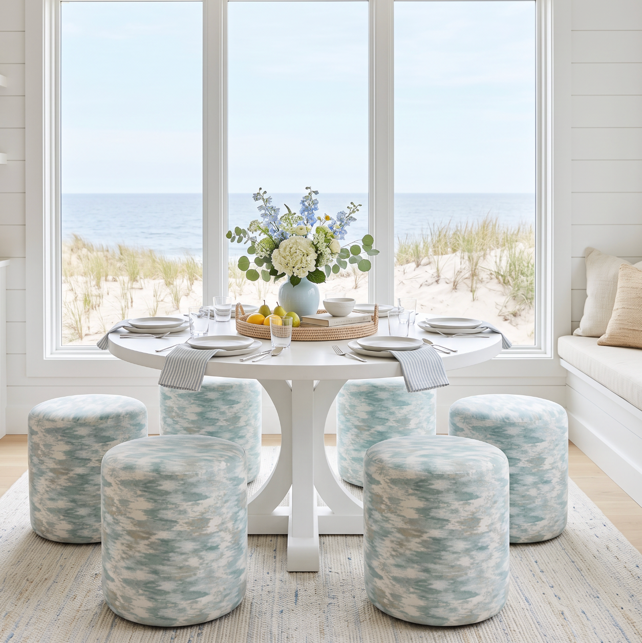 Soft aqua abstract print pouf adding subtle ocean-inspired color to a neutral beach house interior.