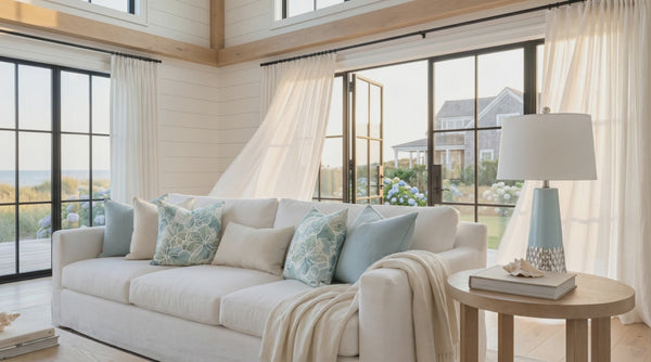 Light and airy coastal living room hero image with ocean-inspired pillows and decor