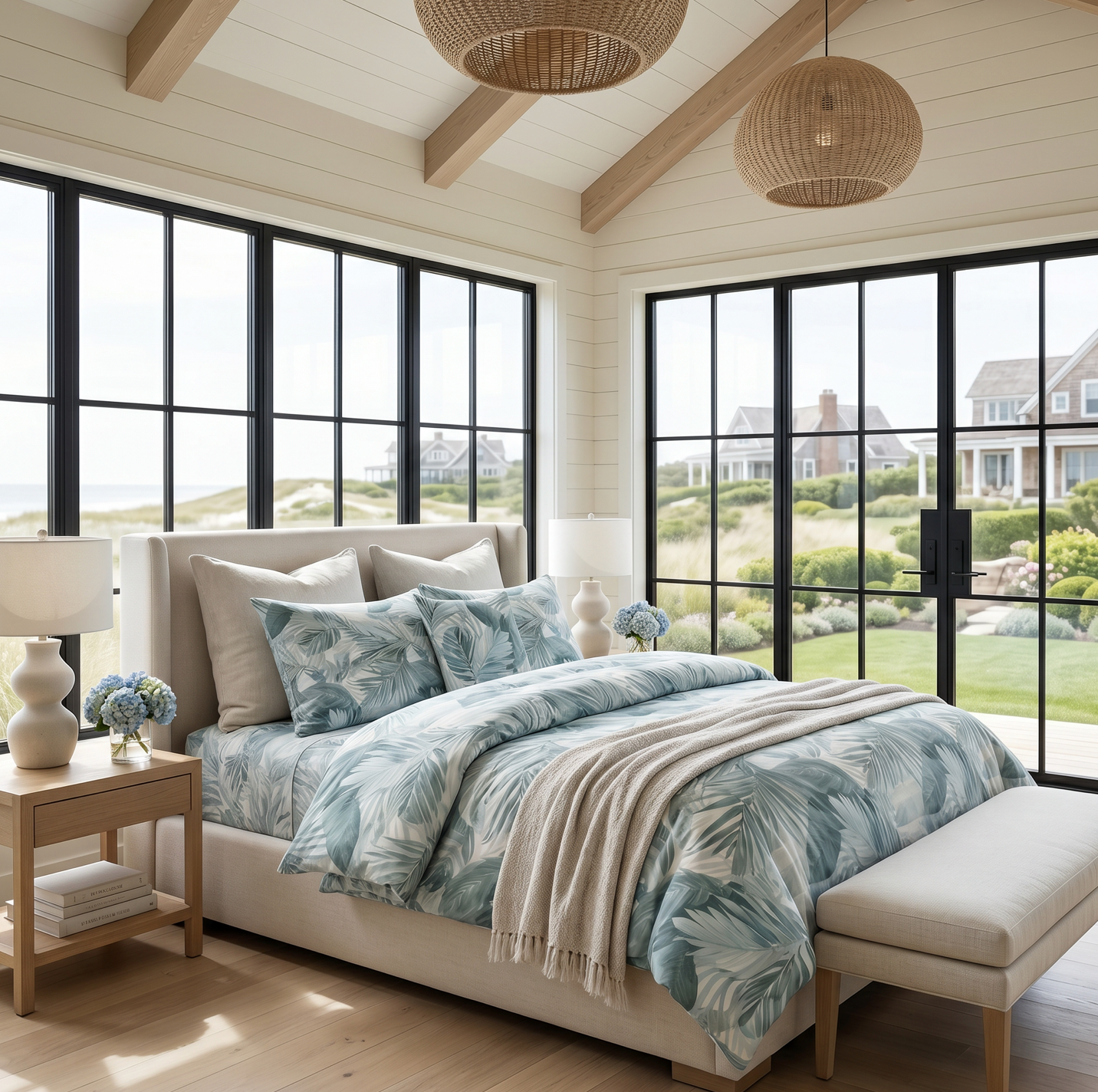 Queen blue and green palm tropical comforter on a bed in a coastal bedroom