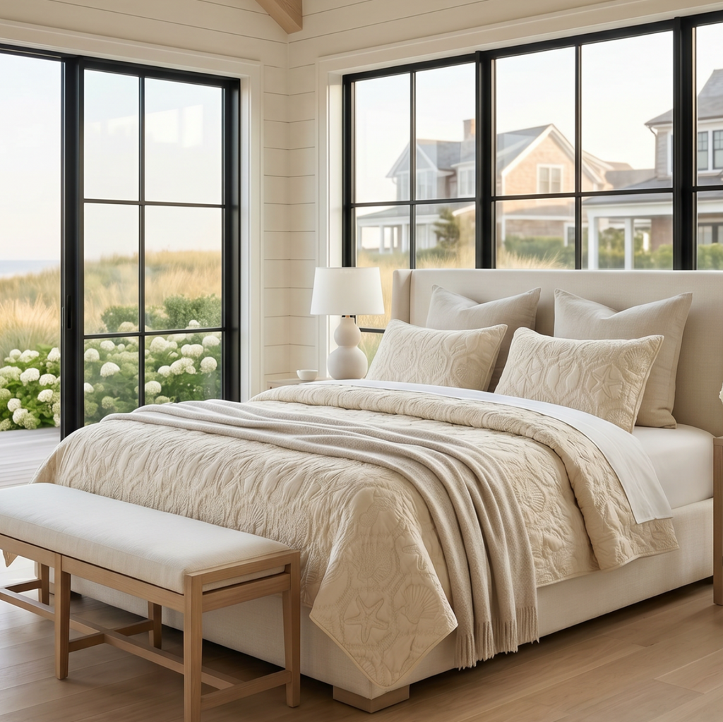Queen coastal beach quilt set with starfish, seashells, and seahorse pattern in sand tan tones on a bed