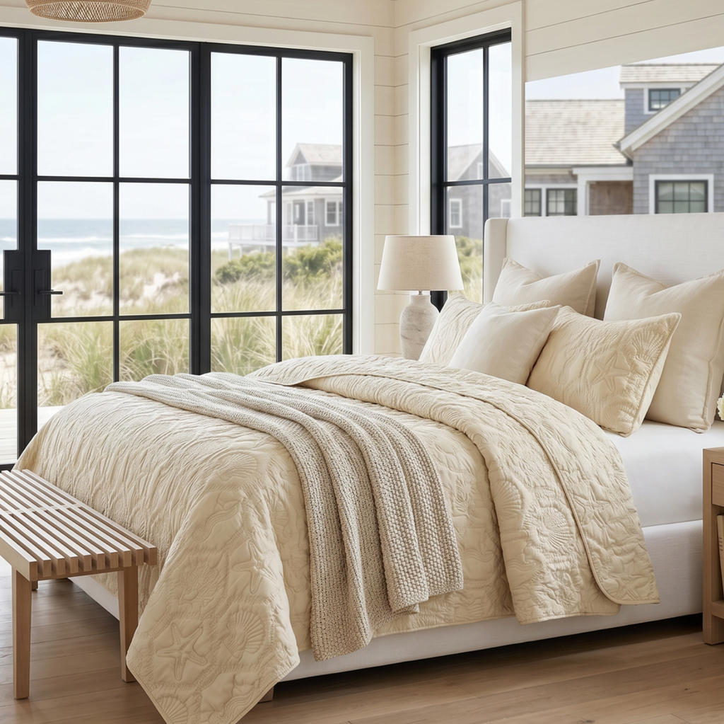 Queen coastal beach quilt and shams in starfish and seashell print creating a soft beachy bedroom look