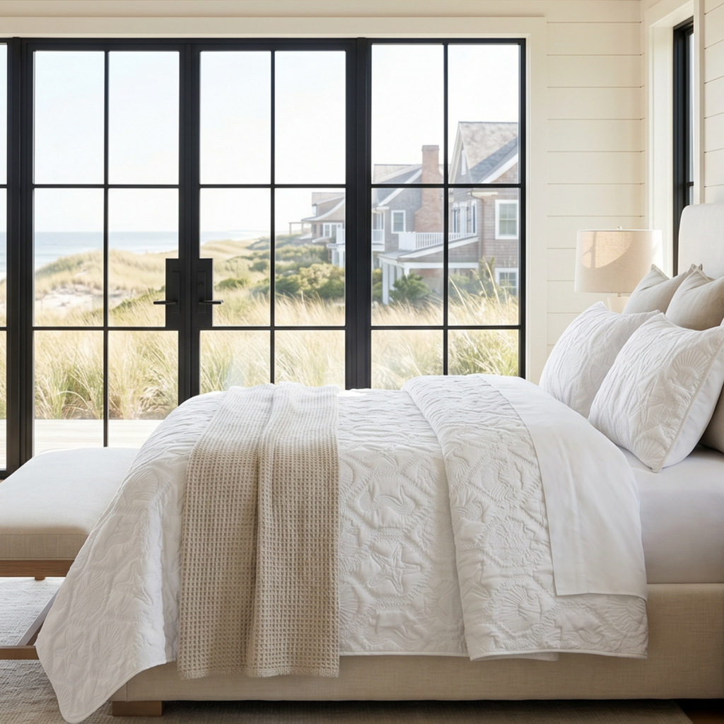 Queen white coastal beach quilt set with starfish, seashells, and seahorse pattern on a bed.