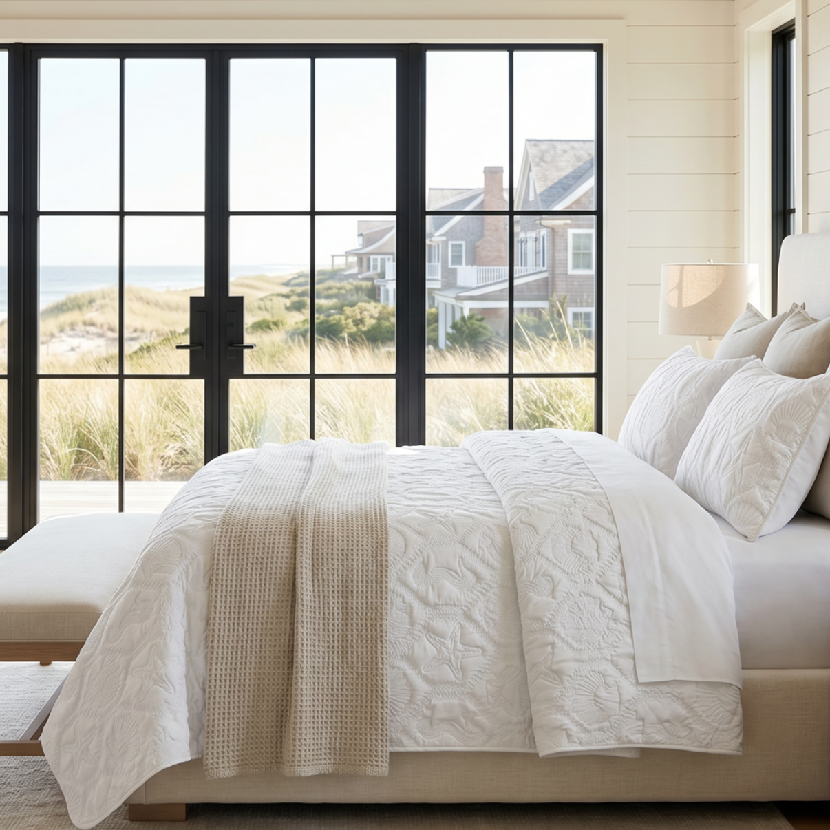 Queen white coastal beach quilt set with starfish, seashells, and seahorse pattern on a bed.