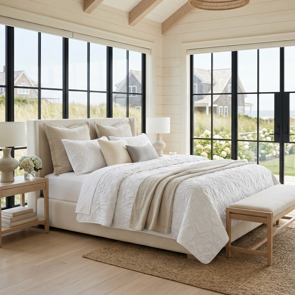 Queen white coastal quilt set with seashell and seahorse pattern on a neutral bed