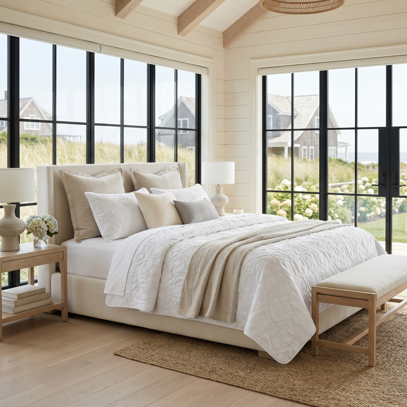 Queen white coastal quilt set with seashell and seahorse pattern on a neutral bed