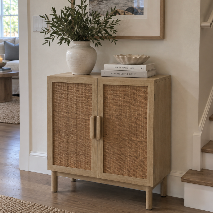 Rattan-front entryway storage cabinet with two doors for a beach house foyer or hallway