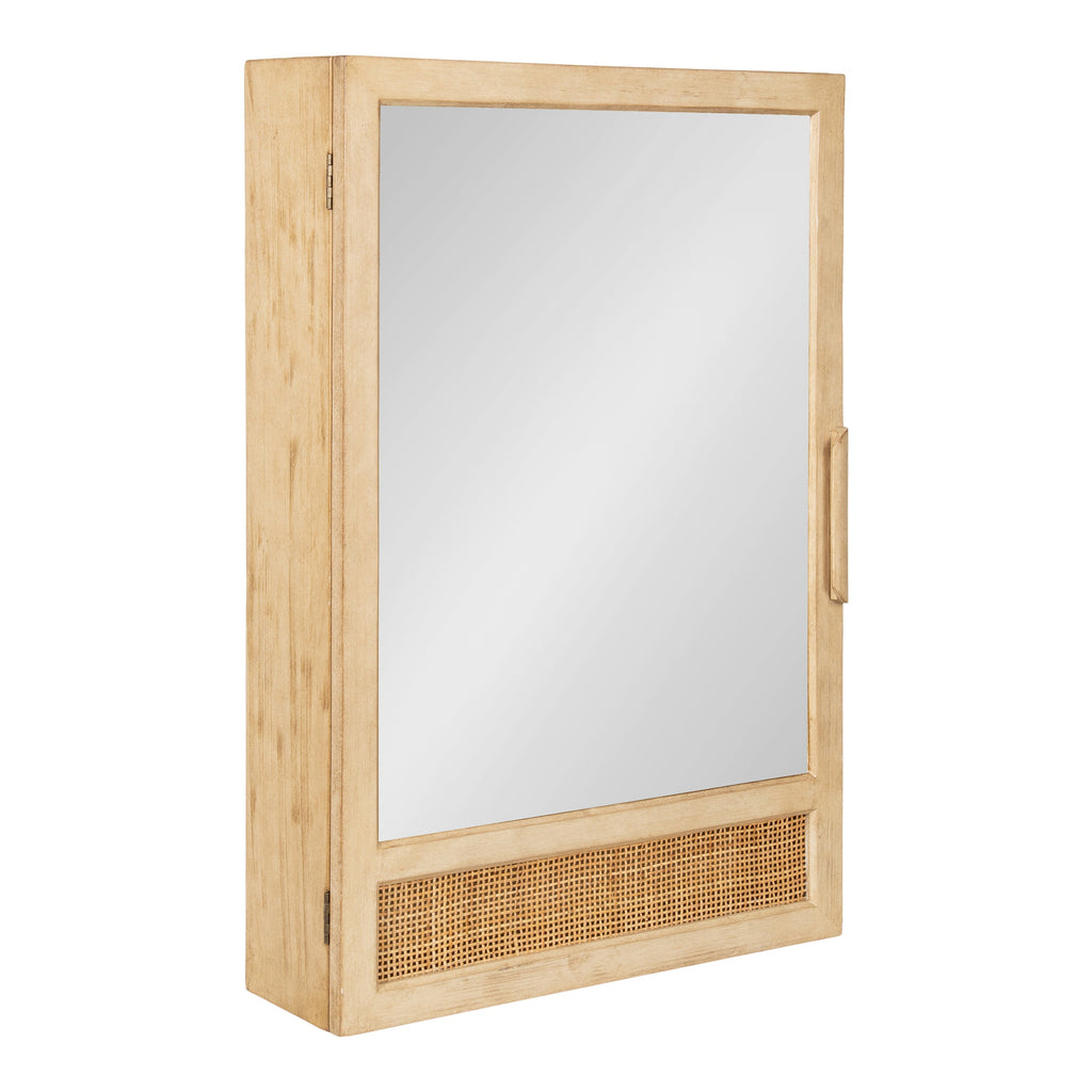 Natural wood vanity mirror cabinet with a full-length mirrored door and woven rattan bottom panel