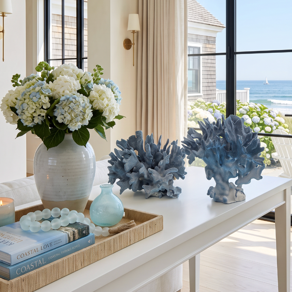 Three natural blue coral sculptures with detailed branching forms styled as ocean‑inspired tabletop décor.