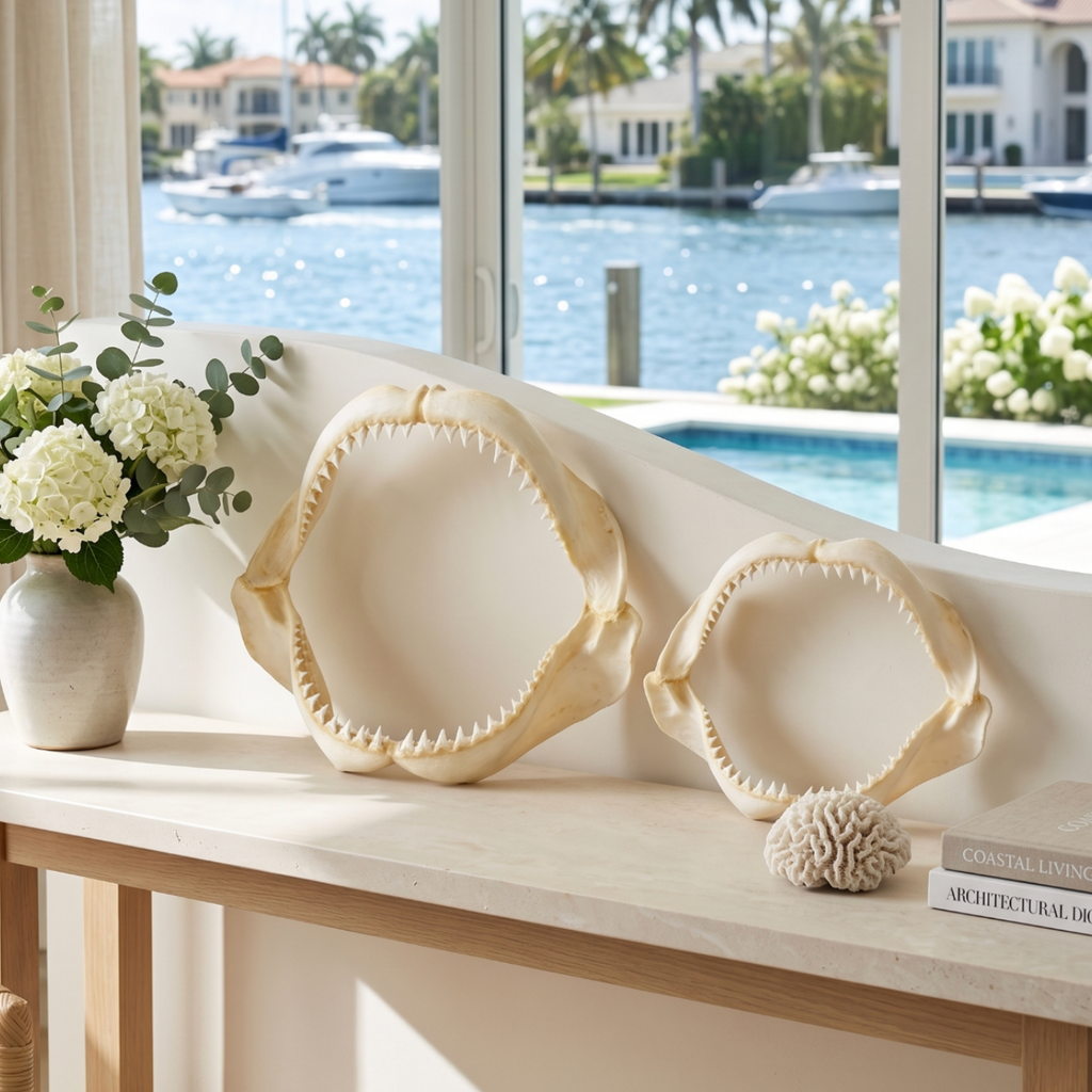 Real shark jaw displayed on a console table with seashells and driftwood accents in a beach house entryway.