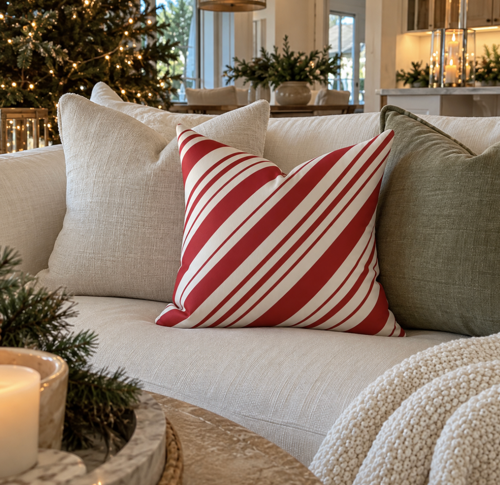 Red and white Christmas decorative pillow featuring timeless holiday stripes.
