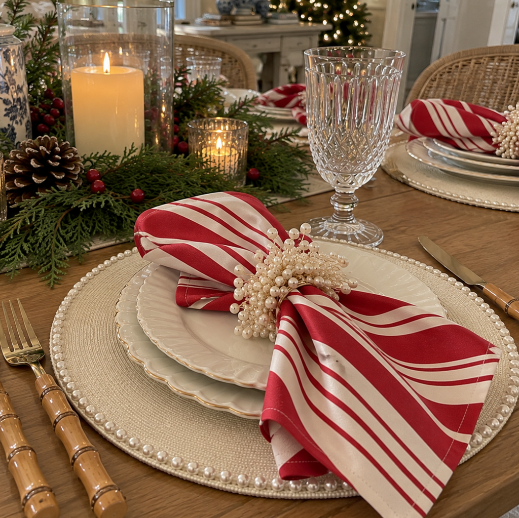 Red and white Christmas linen dinner napkins for festive holiday dining.
