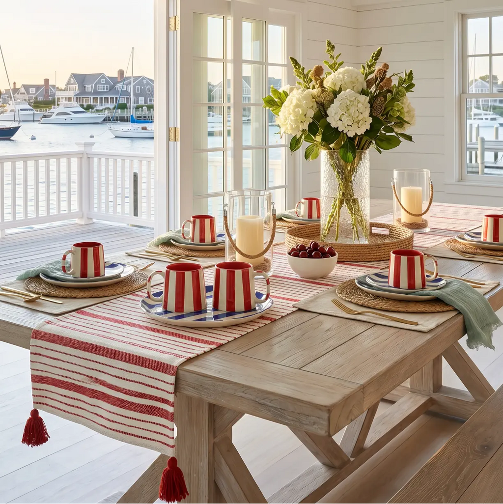 Red and white striped cups styled in a beach house kitchen with neutral accents