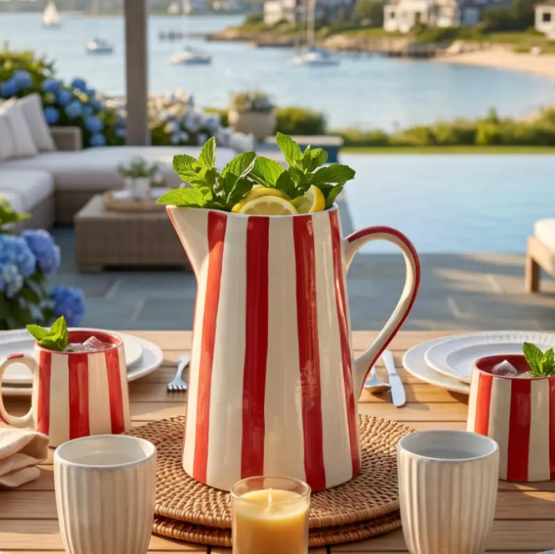 Red and white striped pitcher used as a vase with flowers on a dining table