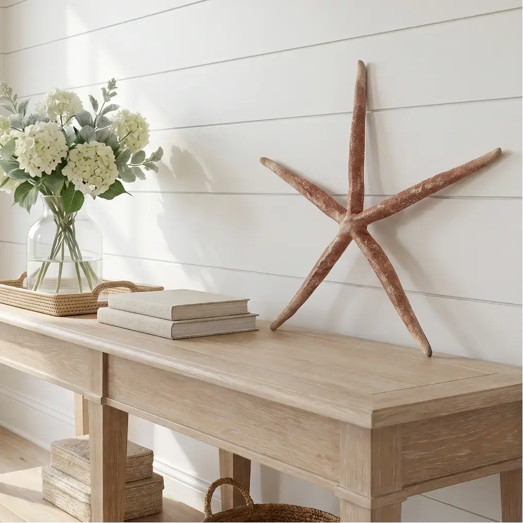 Oversized bright red Linckia starfish decor piece for beach house styling.