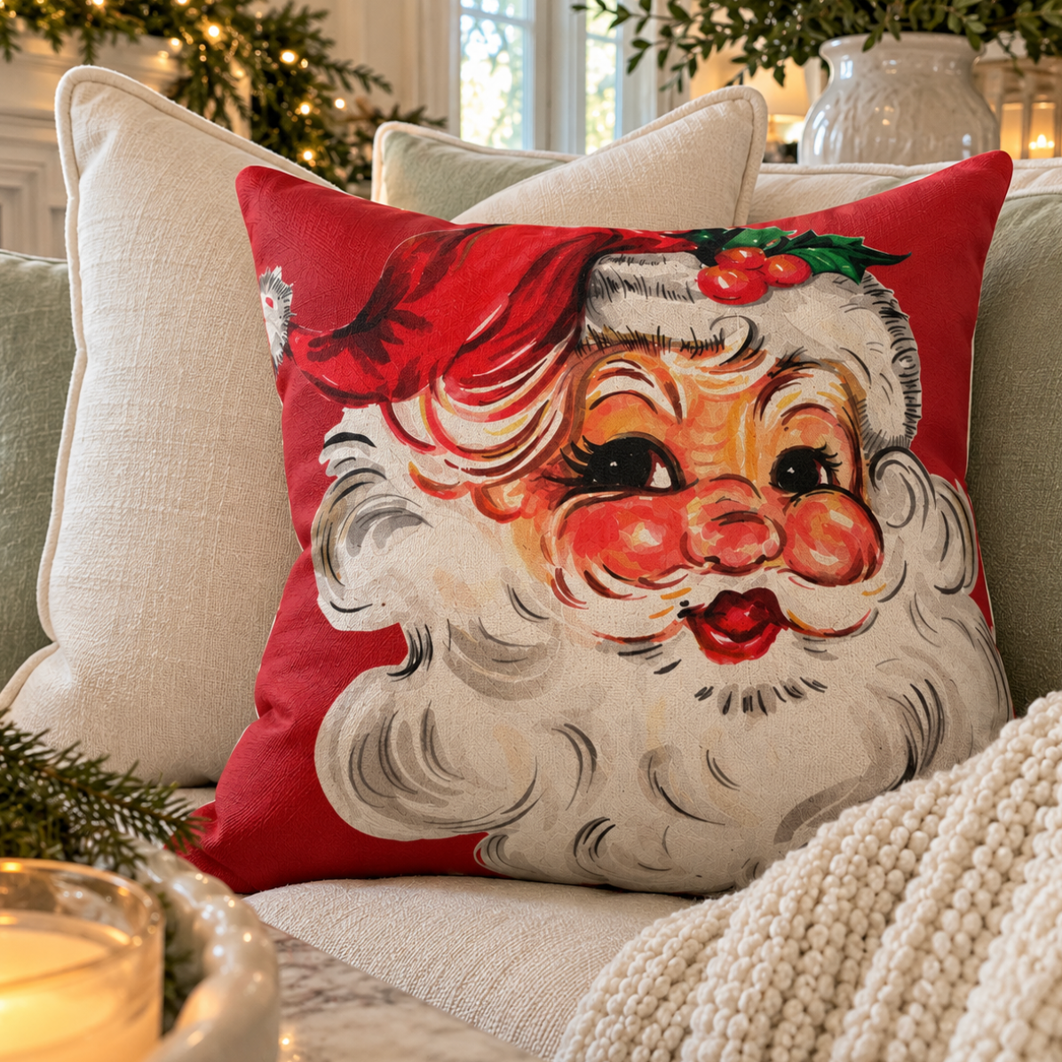 Red vintage Santa Christmas throw pillow for nostalgic holiday home decor.