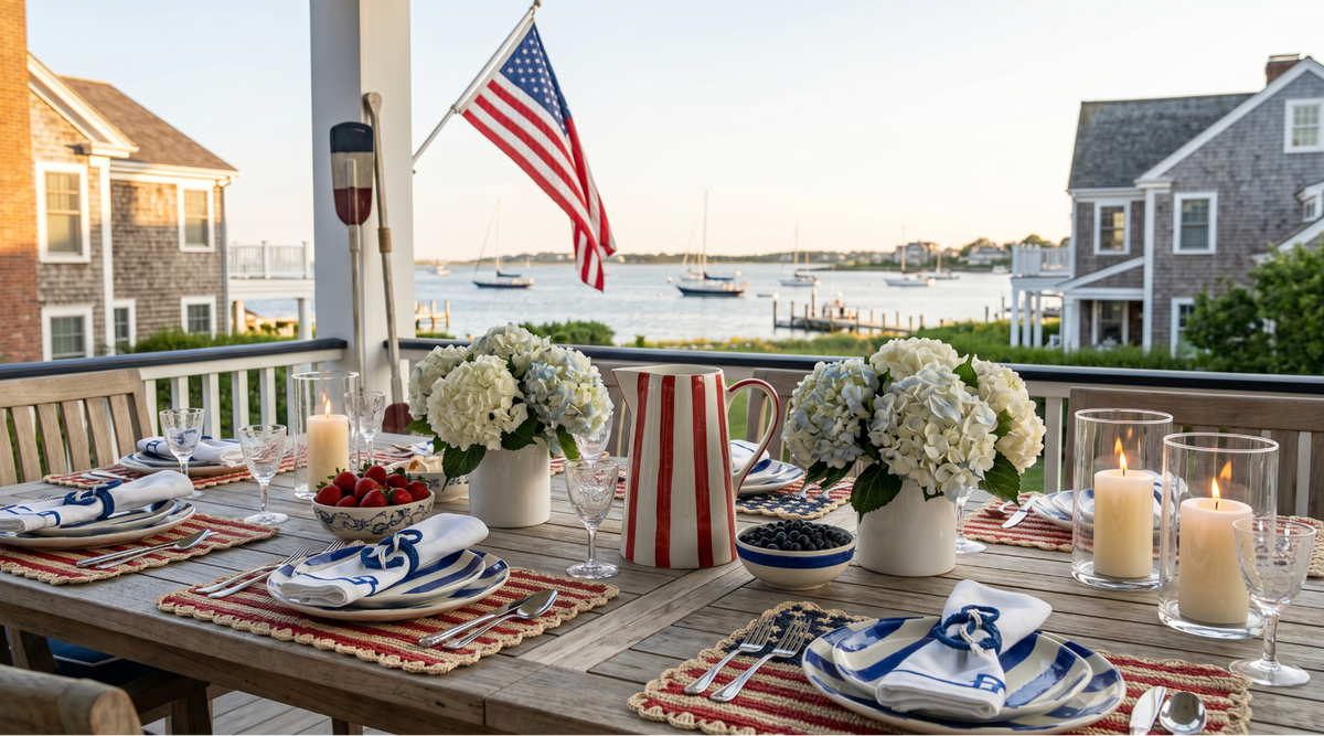 Americana nautical home decor collection featuring red and blue striped cups, runners, and accents.