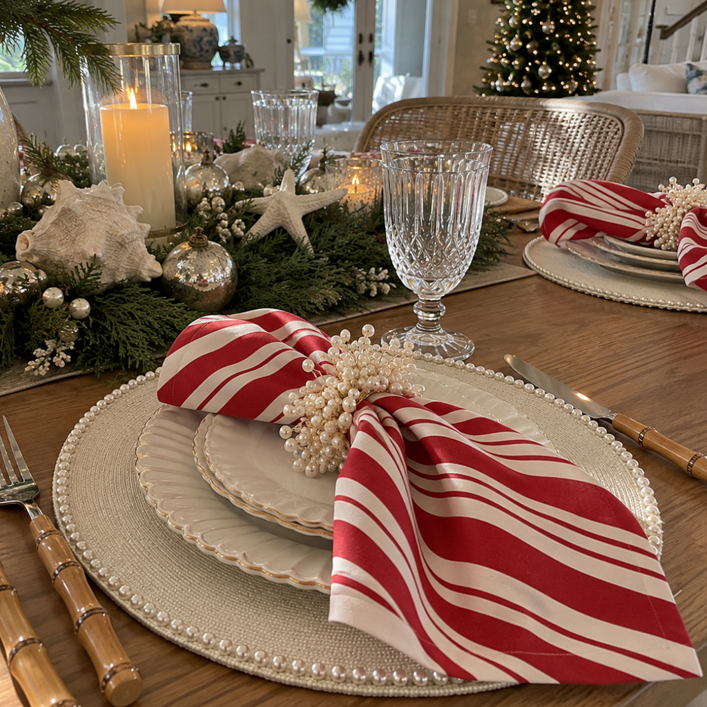 Red and white candy cane stripe linen napkins for classic Christmas table decor.
