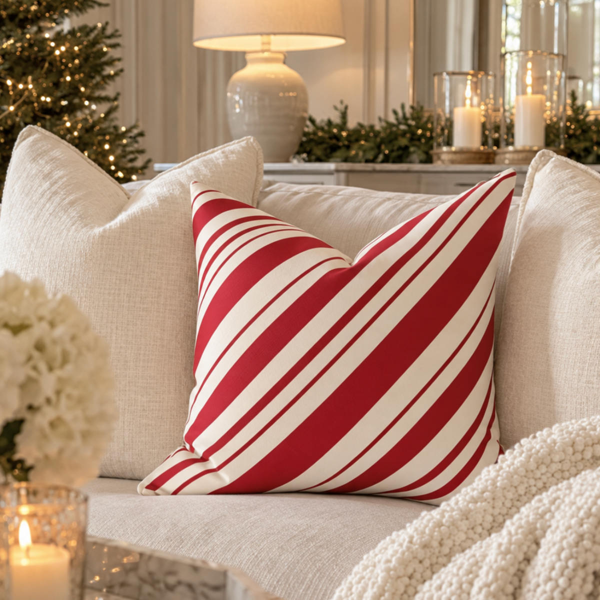 Red and white candy cane stripe throw pillow for classic Christmas home decor.