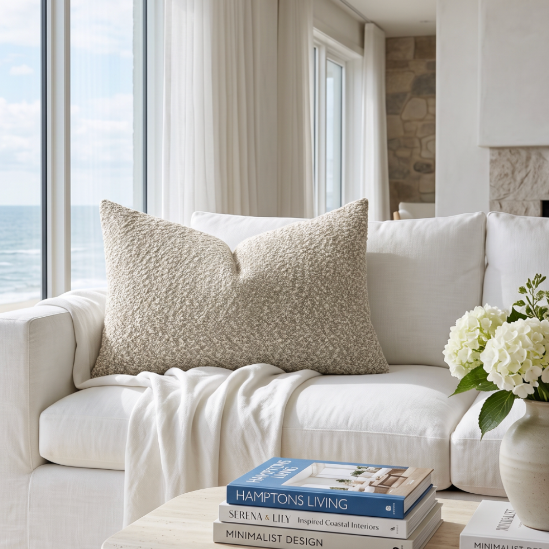 Brown bouclé throw pillow with a subtle raised weave that enriches neutral living room palettes.