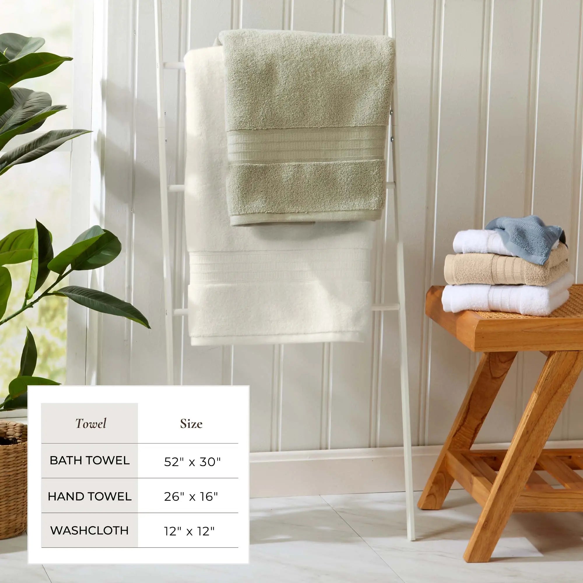 Great Bay Home Chiara Collection bath towel set, 100% cotton, white and sage towels with washcloths