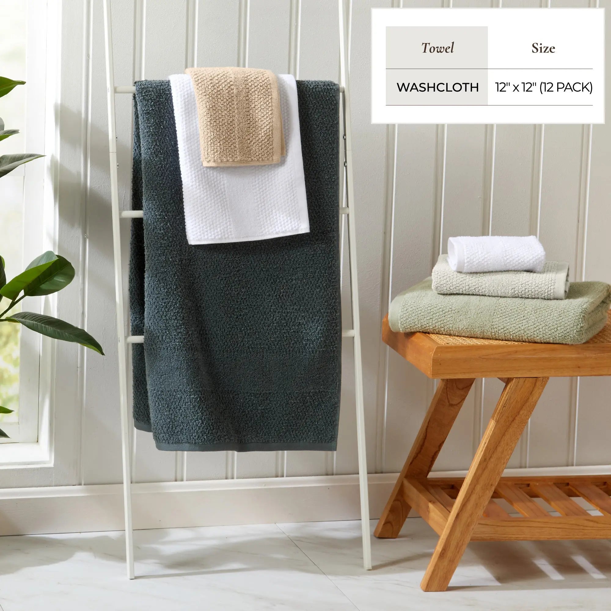 100% cotton woven texture bath towel set by Great Bay Home Marbella Collection in dark teal, white and beige