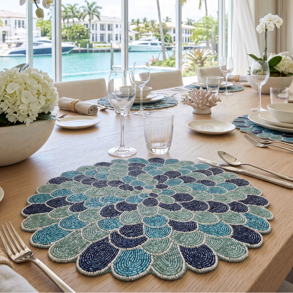 Multi‑tone blue and green beaded placemat forming a circular flower pattern for elegant table settings.