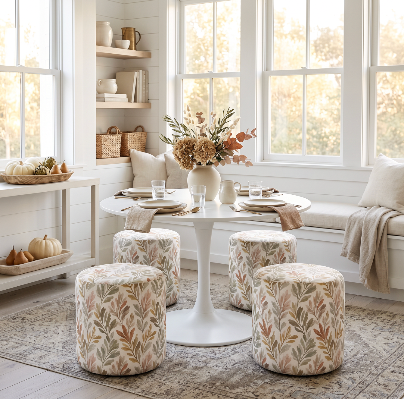 Sage and terracotta botanical pouf adding soft autumn color and extra seating to a cozy sitting area.