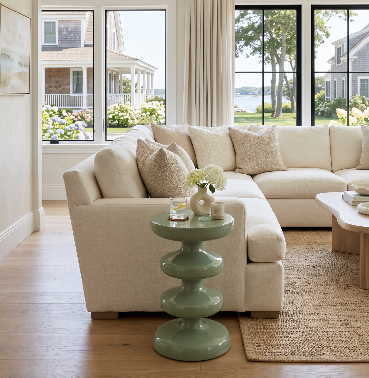 Round sage green accent table with a curved metal pedestal, styled in a bright coastal living room.