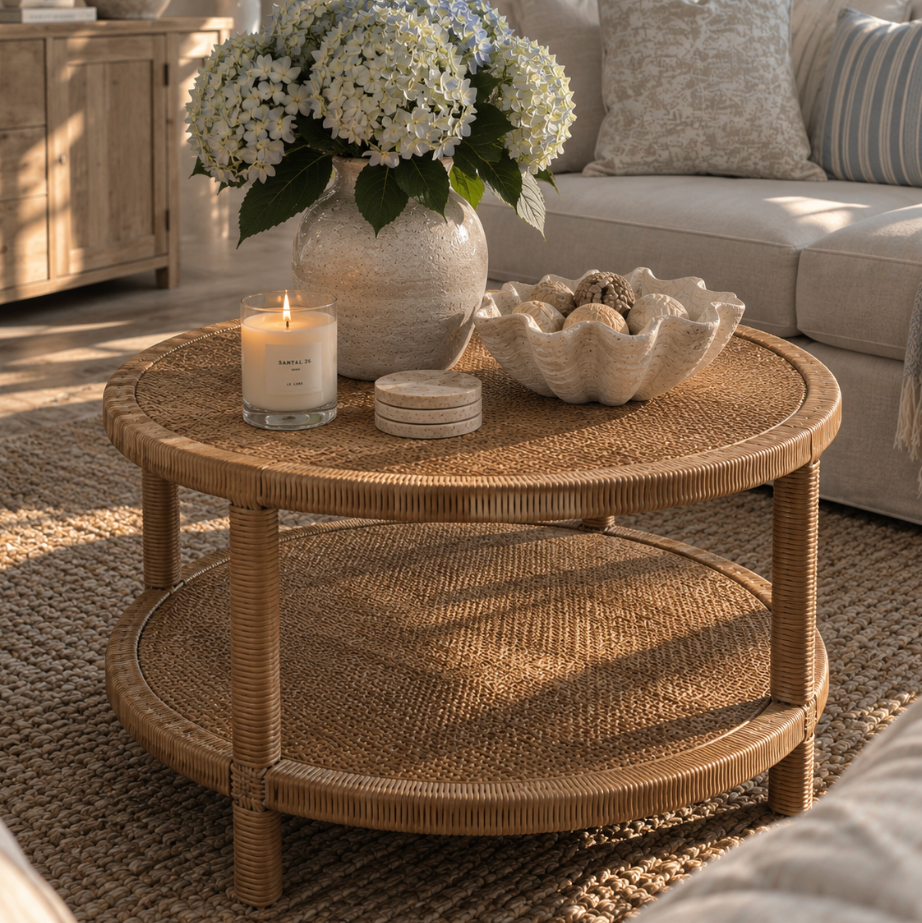 Round rattan coffee table with natural woven texture for a relaxed coastal living room