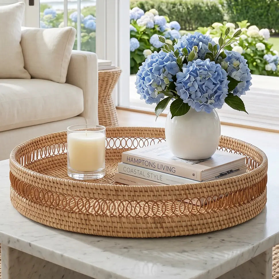 Round handwoven rattan tray with textured coastal design for decor or serving