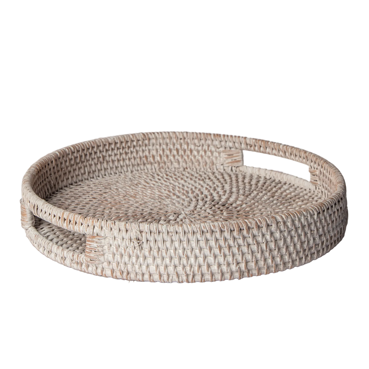 Round whitewashed rattan tray with hand-cut side handles, ideal for coastal or coffee table styling