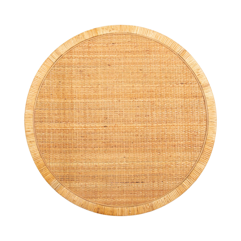 Round wicker coffee table for coastal home decor with a light natural woven look