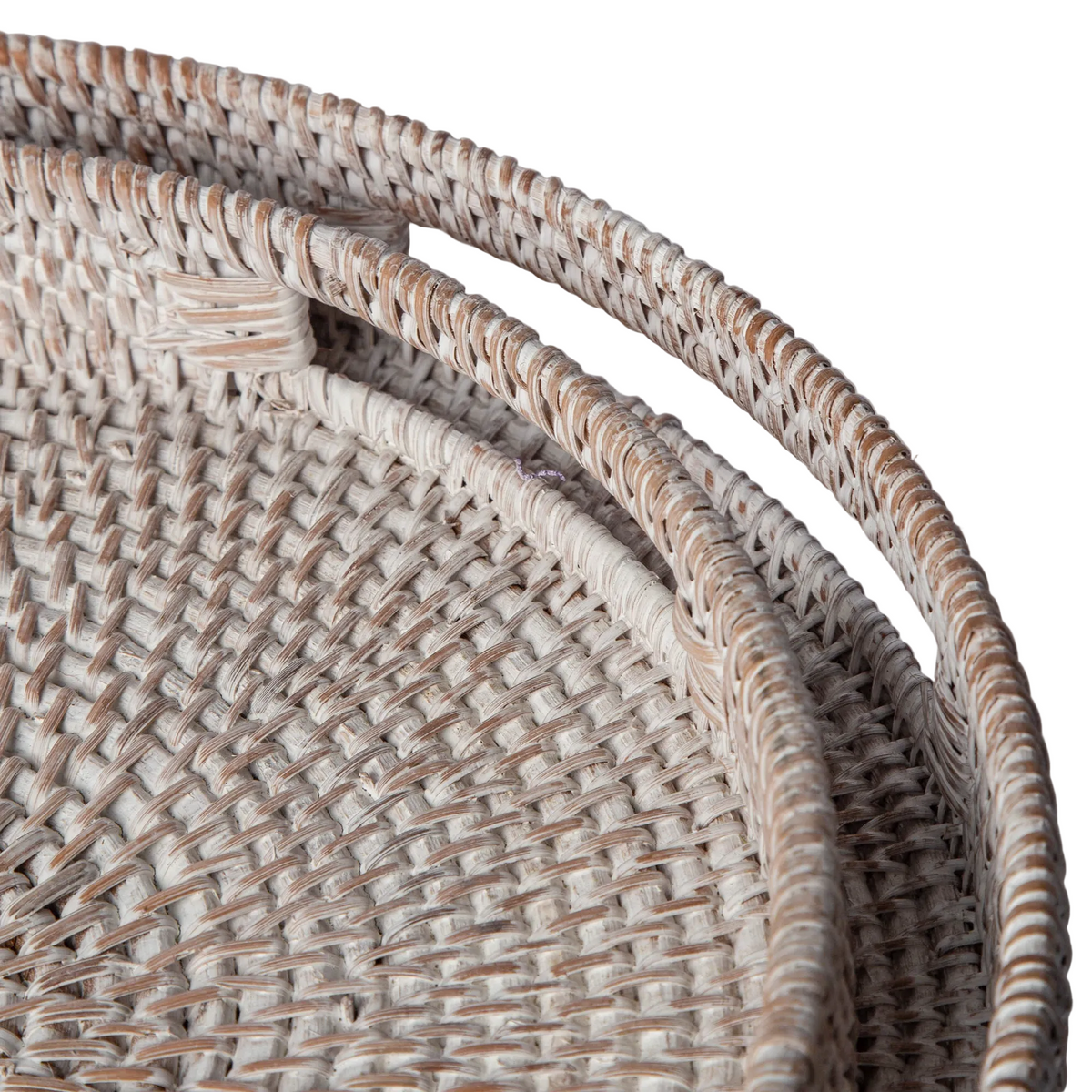 Natural rattan tray with whitewash coastal finish, styled for use as a vanity, ottoman, or coffee table tray