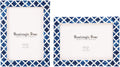 Pair of royal blue and ivory Moroccan resin inlay photo frames adding a refined coastal accent on a white oak consol