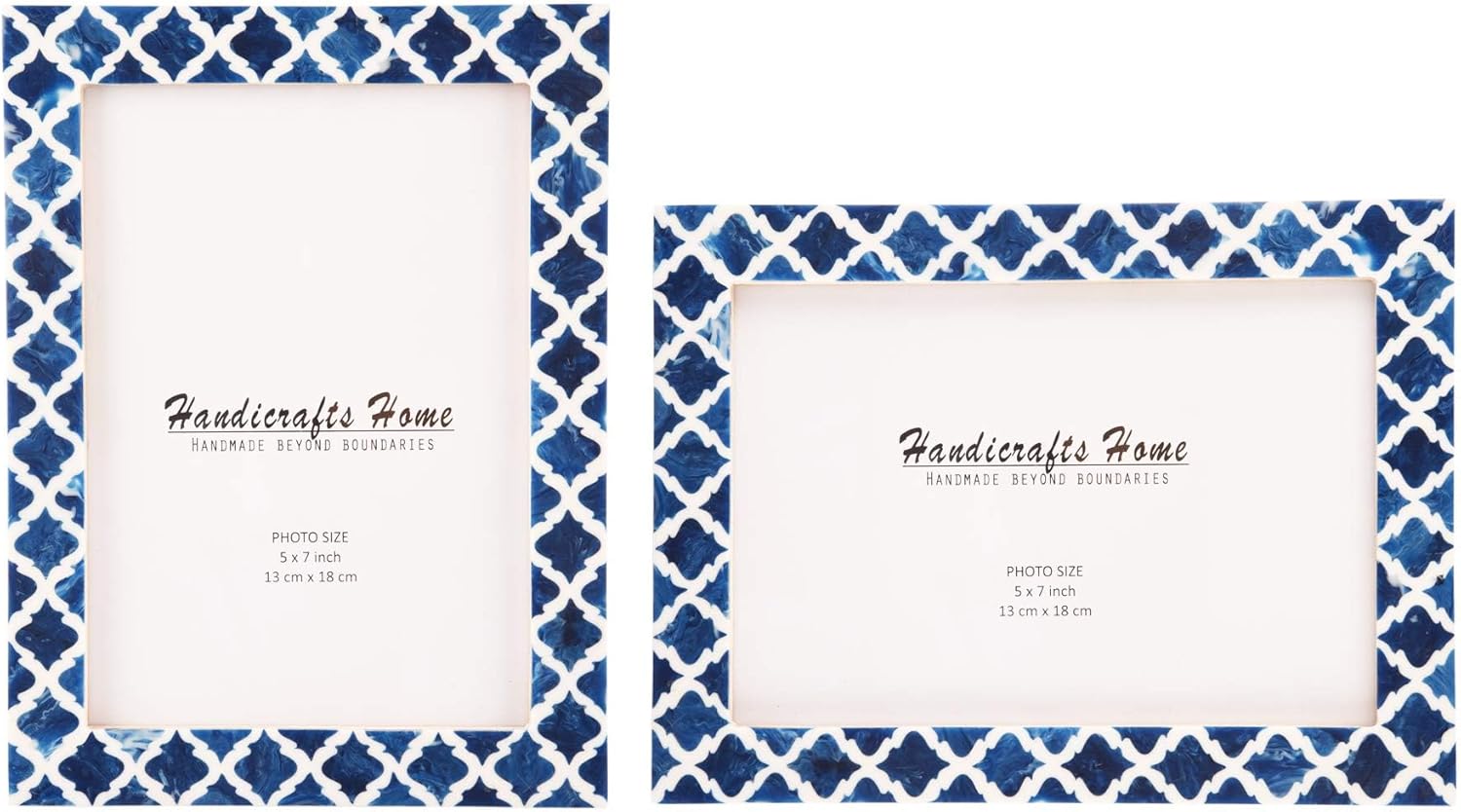 Pair of royal blue and ivory Moroccan resin inlay photo frames adding a refined coastal accent on a white oak consol