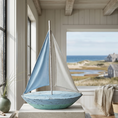 Rustic blue wooden sailboat ornament adding nautical decor to a neutral living room