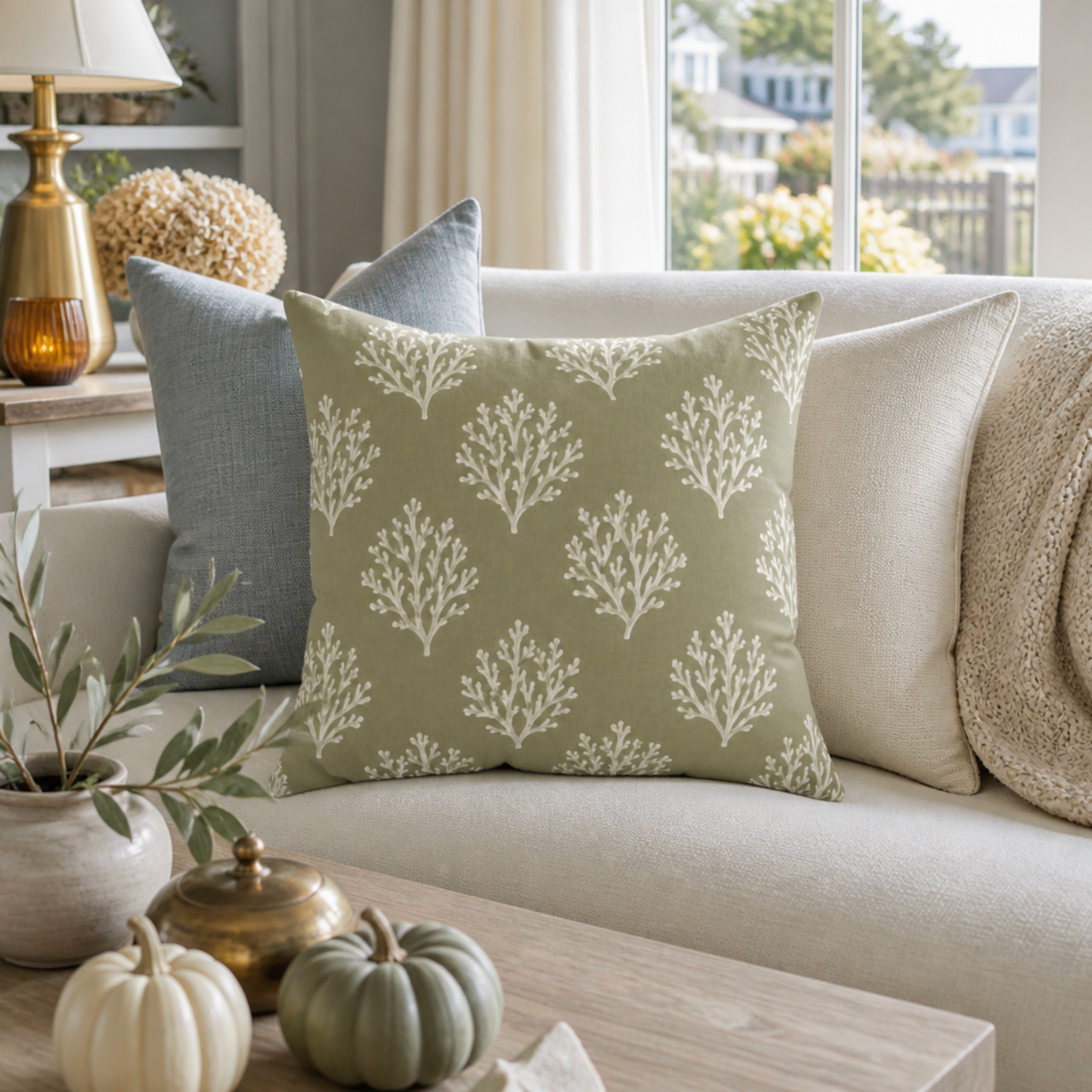 Sage green coral print pillow for a beach house sofa, chair, or bedroom